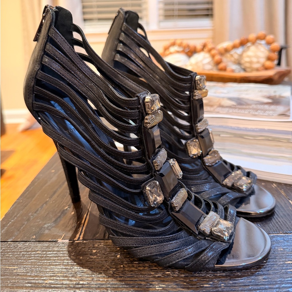Tory Burch Black Strappy Heels with Silver Accents